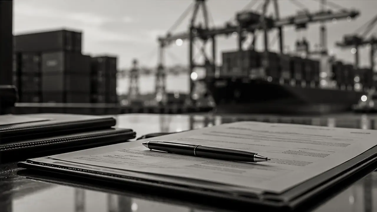 Verzendingsdocumenten en een pen op een bureau met uitzicht op een containerhaven