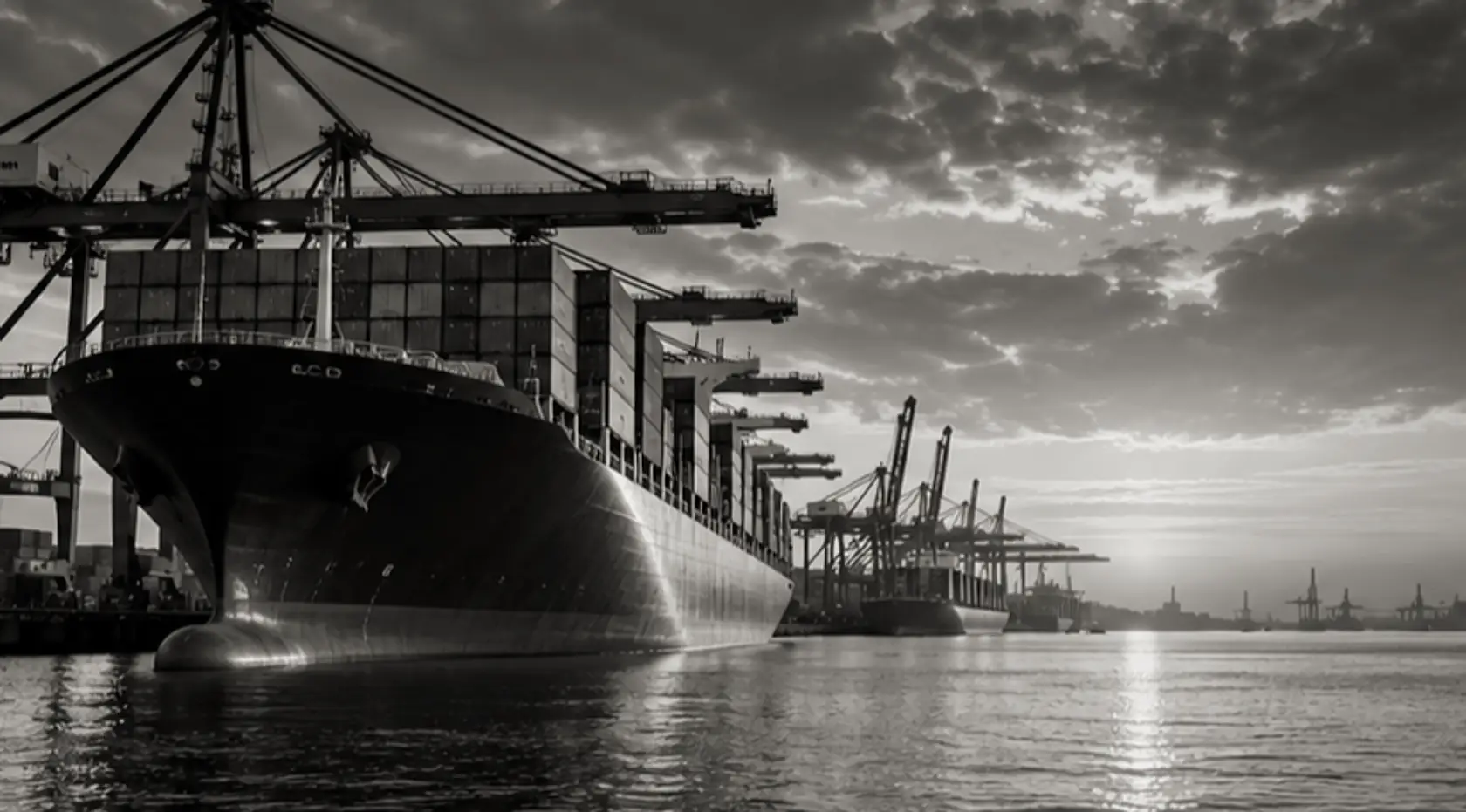 Boeg van een geladen containerschip aan de kade onder een bewolkte avondlucht