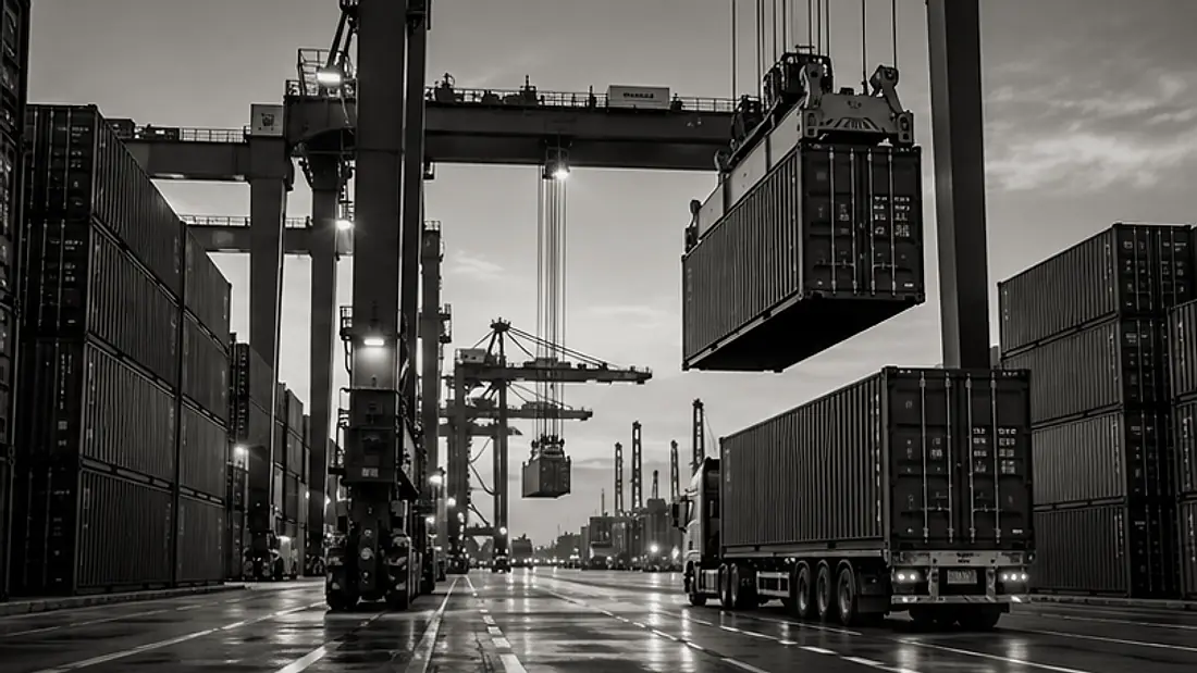 Portaalkraan die een container boven een vrachtwagen tilt op een terminal bij schemering
